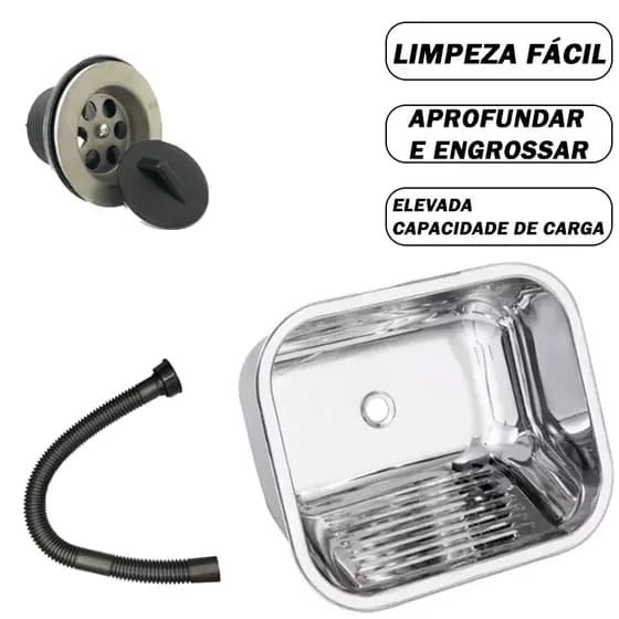 Tanque Inox 44 x 44 x 20 cm  Escovado C/ Valvula E Sifao