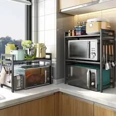 Suporte Ajustável para Micro-ondas em Aço Carbono  Cozinha Prateleira Retrátil para Cozinha Suporte Micro Com 6 ganchos