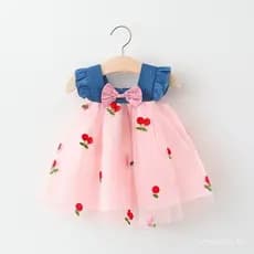 Vestido de Verão para Bebê em Denim e Malha, Estilo Coreano, Vestido de Princesa Bordado