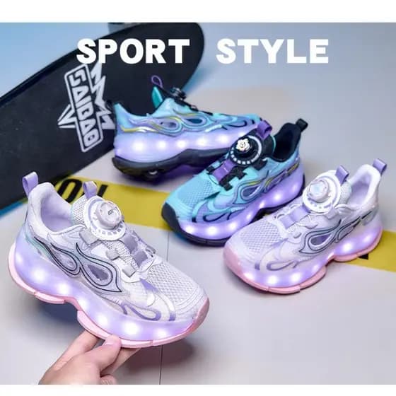 Verão oco respirável polia sapatos meninas quatro rodas de carregamento 6-12 anos de idade sapatos de Skate luminoso Run