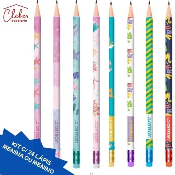 Kit 24 Lápis  Perolado com Borracha de Escrever Escolar Ponta Resistente Leo & Leo Material Escolar