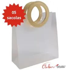 kit com 05 SACOLAS DE PRESENTE TRANSPARENTE ALÇA REDONDA  22 X21 X11CM LUXO