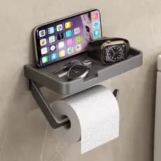 Suporte Porta Papel Higiênico Preto e Suporte para Celular  Aço Inox