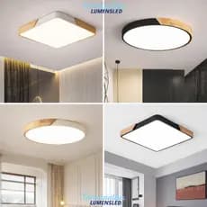 Luminária LED Plafon Redondo/Quadrado Madeira Moderno 48W Multicor Quarto, Sala, Cozinha