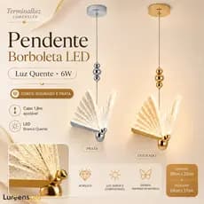 Luminária Pendente Borboleta LED 3200k Dourado/Prata Bivolt – Design Moderno para Sala e Quarto