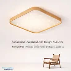 Plafon Luminária Design Madeira Quadrado Efeito estrelado Sobrepor 40W (Sala, Cozinha, Quarto)