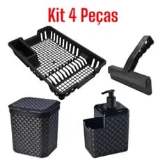 Kit Cozinha Completo 4 Peças Lixeira 5 Litros + Porta Detergente + Rodinho de Pia + Escorredor Louça