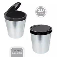 Lixeira Pequena 10 Litros Redonda Inox Tampa Click Label Cesto de Lixo Cozinha Quarto Escritório