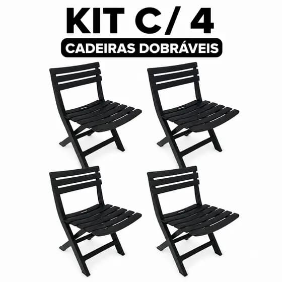 Cadeiras Dobráveis Kit Com 4 Unidades Preto Plástico Resistente Dobrável Área Lazer Jardim