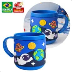 Caneca Infantil 220ml Emborrachada 3D Alto Relevo Colorida Alça Fácil Criança Escola