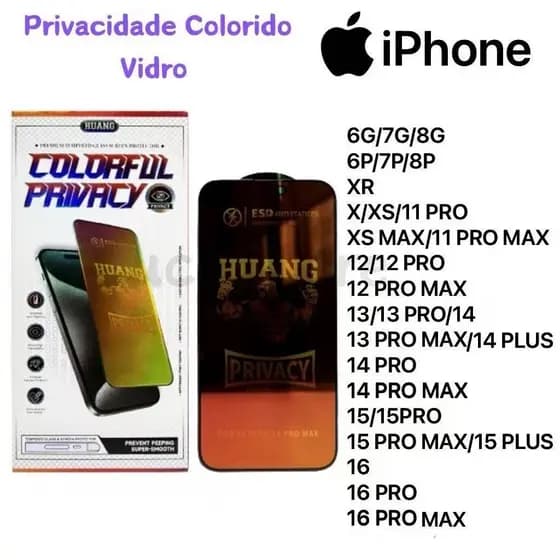 Película De Vidro 3D Colorido Privacidade Anti Spy Para IPhone 6G,7G,8G,PLUS ,XR ,XS ,11 12 13 14 PRO MAX IPhone 15