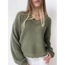 Blusa Tricot Sueter Gola V Trico Ponto Fang Manga Bufante Inverno