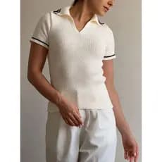 Camiseta Tricô Polo Listras Tricot Canelado Verão Moda Feminina