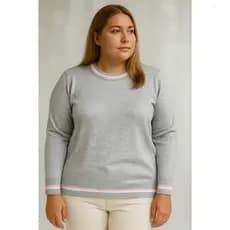 Blusa Tricô Plus Size Meia Malha Gola Redonda Canelada Com Listras