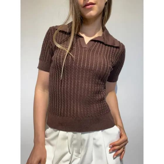 Camiseta Polo Trançada Tricô Moda Feminina Verão Tricot Modal