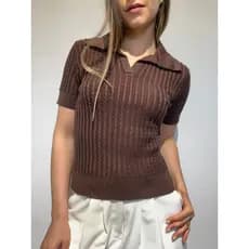 Camiseta Polo Trançada Tricô Moda Feminina Verão Tricot Modal
