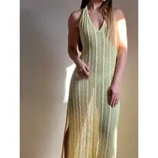 Saida de Praia Trico Vestido Longo Costas Nua Com Fenda Lateral Tricô Verão