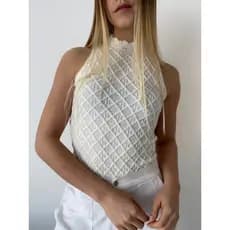 Regata Tricot Ponto Arans Modal Tricô Verão Blusinha Gola Alta