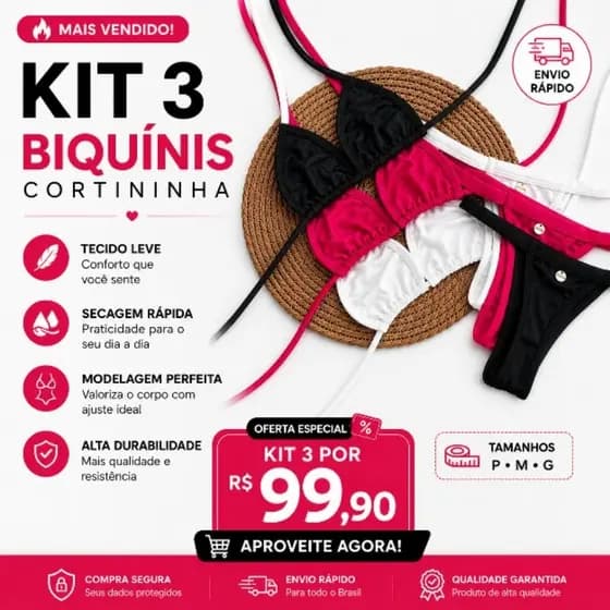 KIT 3 Biquínis Cortininha Fita Feminino Premium Moda Praia Tendência Verão Confortável por R99,90