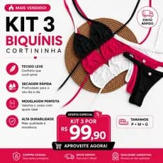 KIT 3 Biquínis Cortininha Fita Feminino Premium Moda Praia Tendência Verão Confortável por R99,90