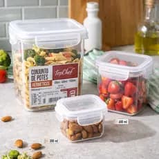 Kit 3 Potes Herméticos Quadrados Organizador Alimentos Mantimentos Cozinha Marmita Tampa com Trava Livre de BPA