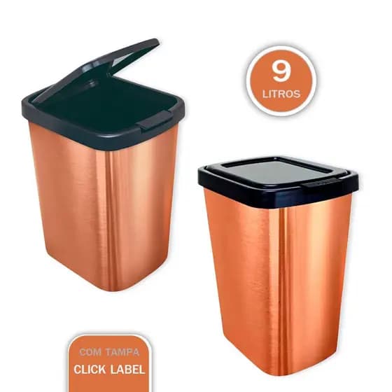 Lixeira 9 Litros Bronze Metalizado Tampa Click Label Cesto De Lixo Banheiro Cozinha Escritório Premium Luxo Resistente