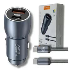 Carregador Veicular Turbo 60w Kit Com Cabo Carro Automotivo Cor Cinza