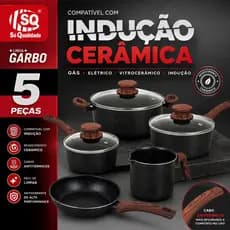 Jogo De Panelas 5 Peças ISQ Garbo Cerâmica Indução Antiaderente Cabo Amadeirado Tampa De Vidro