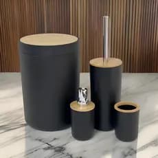 Kit Banheiro 4 Peças Preto Bambu Com Lixeira E Saboneteira Flashgoods