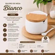 Saleiro Porta Condimento Mesa Hauskraft de Porcelana Com Tampa de Bambu e Colher de Porcelana 290ml