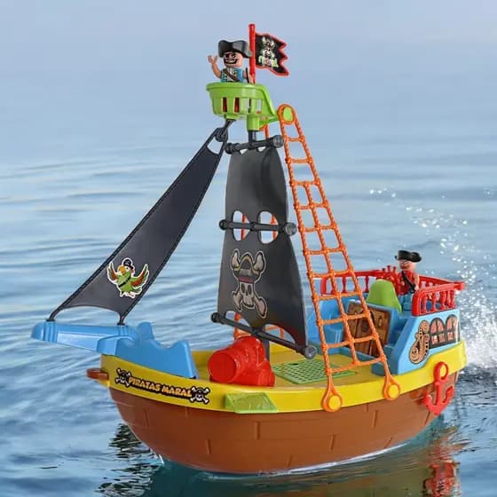 Brinquedo Barco Pirata Rodinha Infantil Meninos Diversão Piscina Agua Boneco