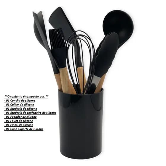 Conjunto De Utensilios De Cozinha Silicone Cabo de Madeira 8 Pçs
