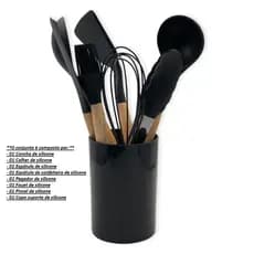 Conjunto De Utensilios De Cozinha Silicone Cabo de Madeira 8 Pçs