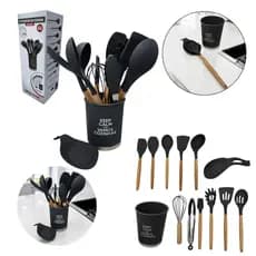 Kit 13 Peças Utensílios Cozinha Colheres Espatula Silicone Cabo Madeira Decoração Livre BPA