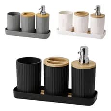 Kit Banheiro Lavabo Pia 4 Peças Bambu Porta Escova De Dentes Sabonete Liquido