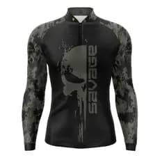 Camisa Camiseta de Pesca New Fisher Savage Camuflado Caveira com Proteção UV50
