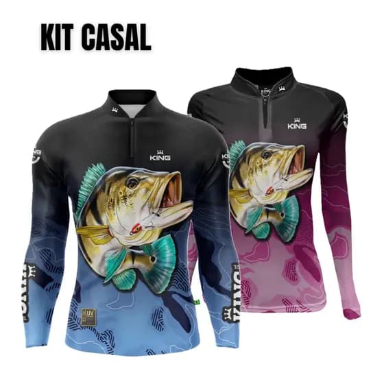 Kit Casal 2 Camisetas de Pesca Tucunaré King Brasil c/Proteção UV50 Estampas Iguais Nova Coleção