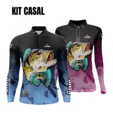 Kit Casal 2 Camisetas de Pesca Tucunaré King Brasil c/Proteção UV50 Estampas Iguais Nova Coleção