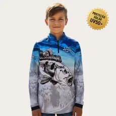 Camisa Camiseta Blusa de Pesca Infantil Tucunaré Branco e Azul New Fisher com Proteção Solar UV50