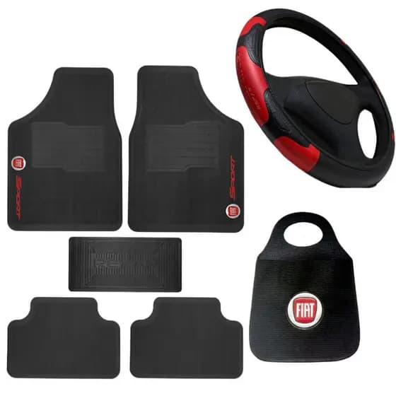 Kit Tapete Para Carro Fiat + Lixinho Automotivo Fiat + Capa De Volante Vermelha