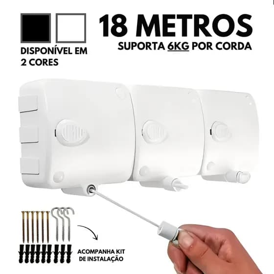 Varal Modular De Parede Retratil 6m Com Trava Suporta 6kg 3 Modulos Recolhe Maxeb Envio Imediato