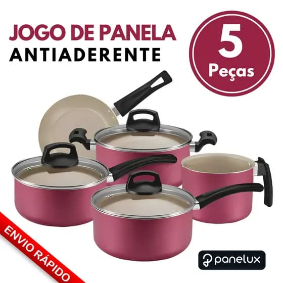 Jogo de Panelas Antiaderente 5 Peças Tampa de Vidro Aluminio Cor Cereja Panelux Envio Imediato