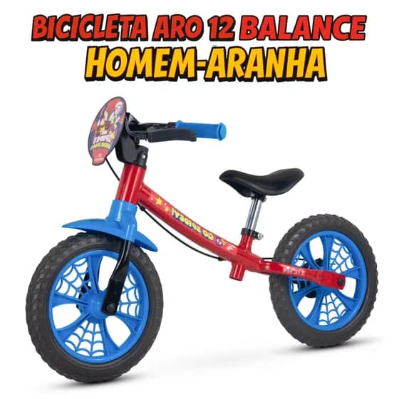 Bicicleta Sem Pedal Homem Aranha Infantil Bike Balance Equilibrio Aro 12 Nathor 3 a 5 Anos Envio Imediato