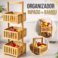 Organizador Vertical Multiuso De Bambu Ripado 3 Andares Fruteira Para Cozinha Envio Imediato Oikos