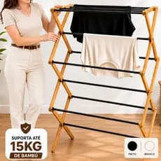 Varal de Chão Vertical de Bambu 102cm 3 Andares Roupas Dobrável Resistente Envio Imediato