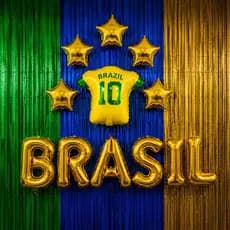 Kit Decoração Copa Com Cortina Metalizada Balão Letreiro Camisa Brasil Confraternização Loja Comércio Aniversário