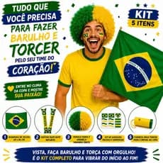 Kit Torcedor Brasil Copa Mundo Com Peruca Bandeira Corneta Tatuagem Acessórios Torcida Festa