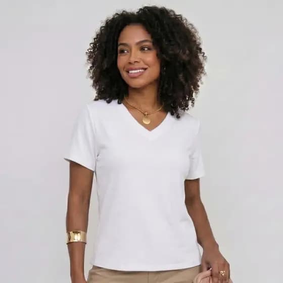 Blusa Feminina T-Shirt Decote V em Moletinho Vicenza Toque Suave
