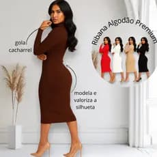 Vestido Midi Gola Inverno Manga Longa Comprida Canelado Longuete Evangelico Maternidade Casual Social Trabalho