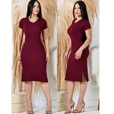 Vestido Midi Manga Curta Basico Dia a Dia Com Fenda Lateral Canelado Feminino P ao GG